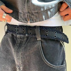 2000s round studded fur frayed black grunge belt